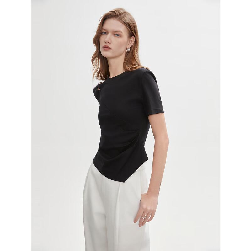 ELLE Women's Black Mulberry Silk Blend Irregular Pleated Short Sleeve T-shirt