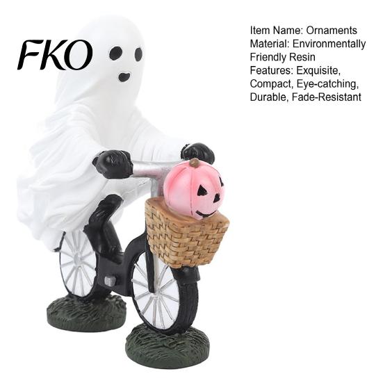 Decorative Tabletop Halloween Statue Ghost Riding Bicycle Resin Figurine, Spooky Desk Shelf Decor for Small Sculpture Home Entryway, Hand-Painted