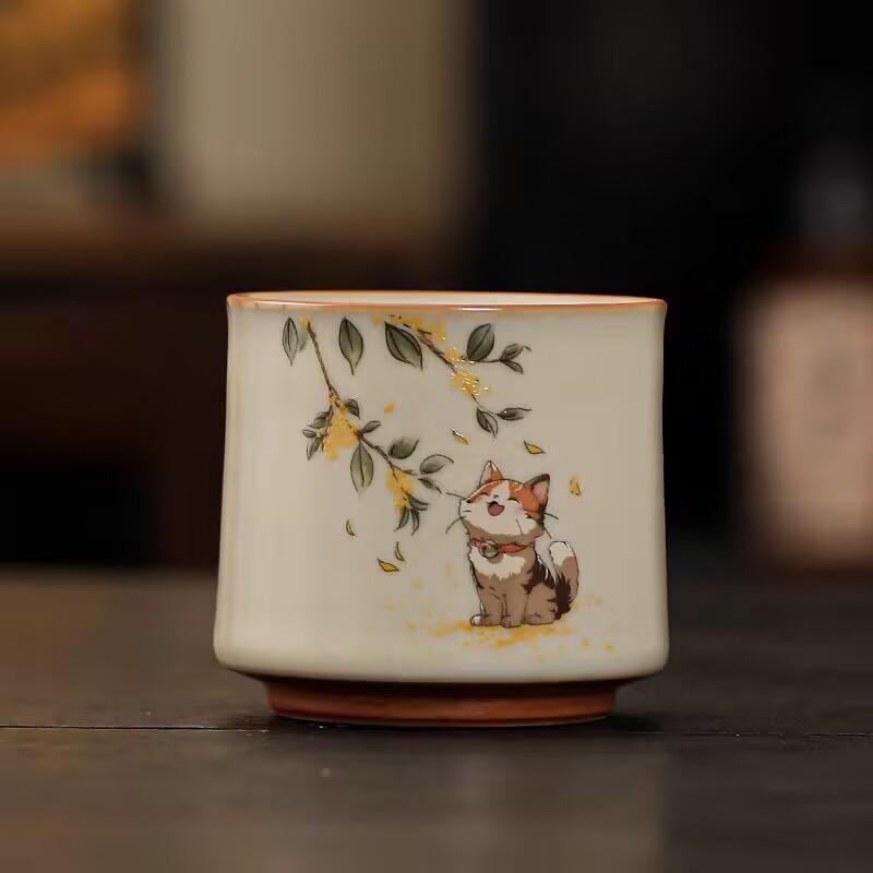 Beige Ru Kiln Teacup Cute Cute Cat Teacup Master Cup Girls Personal Tea Cup Tea Bowl Ceramic Tea Cup