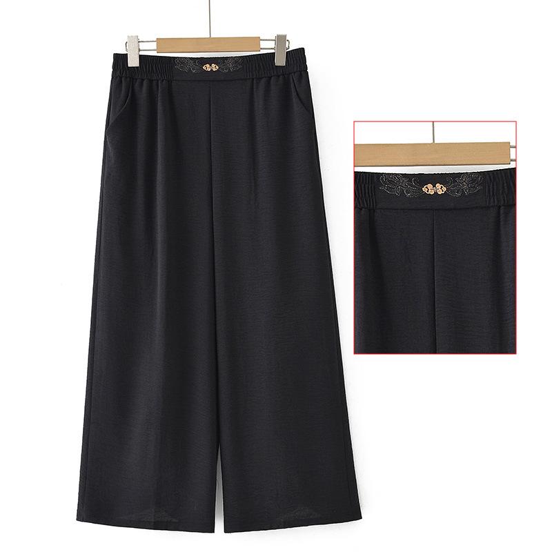 

Summer Embroidered Elastic Waist Trousers for Women - Comfortable, Breathable, Straight-Leg Pants for Middle-Aged and Elderly 3XL (110-125 jin) чёрный