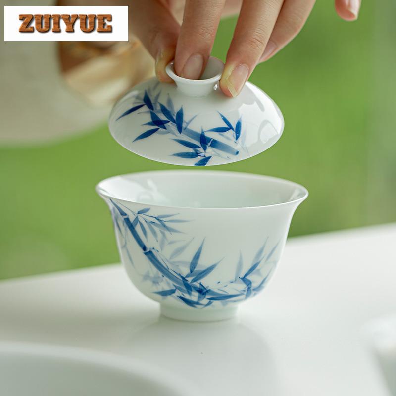 130ml Hand-painted Bamboo Blue And White Gaiwan Antique Tea Tureen Tea Bowl With Lid Kit Tea Maker Cover Bowl Teaset Ornaments
