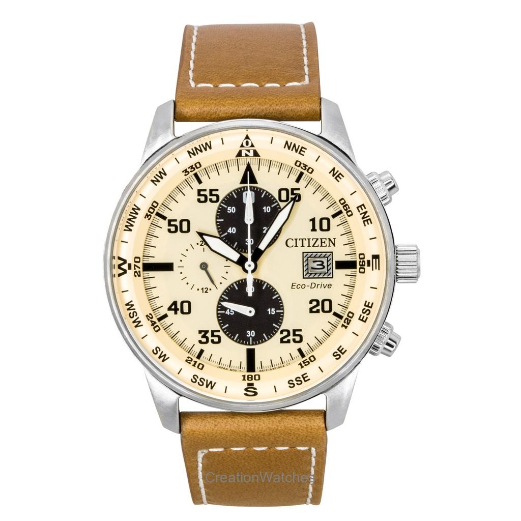 Citizen Eco-Drive Flieger Chronograph Lederarmband Beige Zifferblatt CA0880-15X 100M Herrenuhr