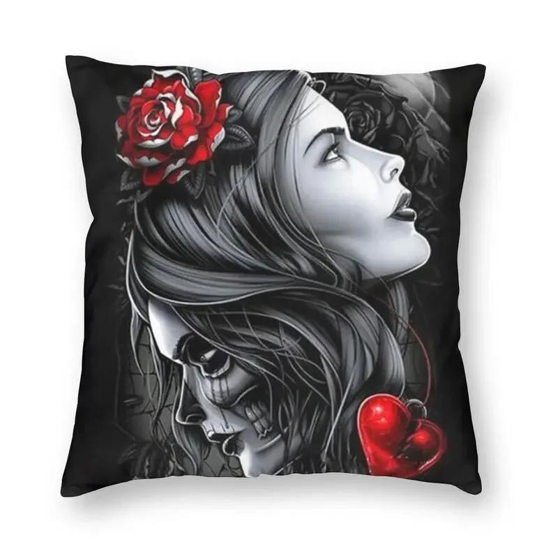 Halloween Zuckerschädel Mädchen Kissenbezug Sofa Heim Dekoration Mexikanisch Chicano Stil Quadratischer Wurfkissenbezug 40x40cm