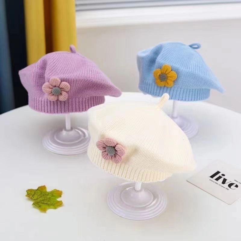 Λουλούδι Baby Beret Καπέλο Χειμερινό Ζεστό πλεκτό καπέλο Beanie για βρέφη κοριτσάκια Κορεάτικη Πριγκίπισσα νηπίων Καλλιτέχνης Μονόχρωμα καπέλα ζωγραφικής