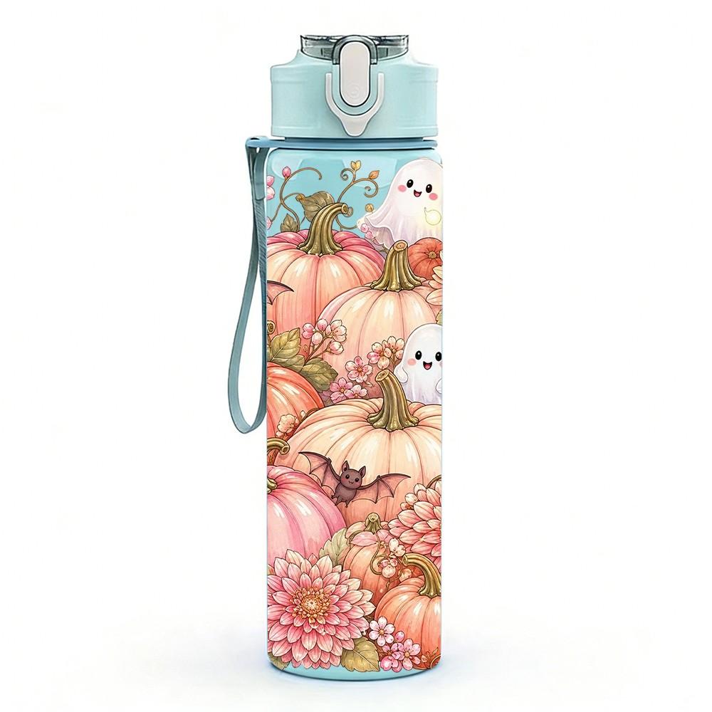 1PC Autumn Pumpkin Floral Wreath Pattern 750ml Color Plastic Sports Water Bottle Leakproof Flip Straw Lid Suitable for Sports Office Home Use