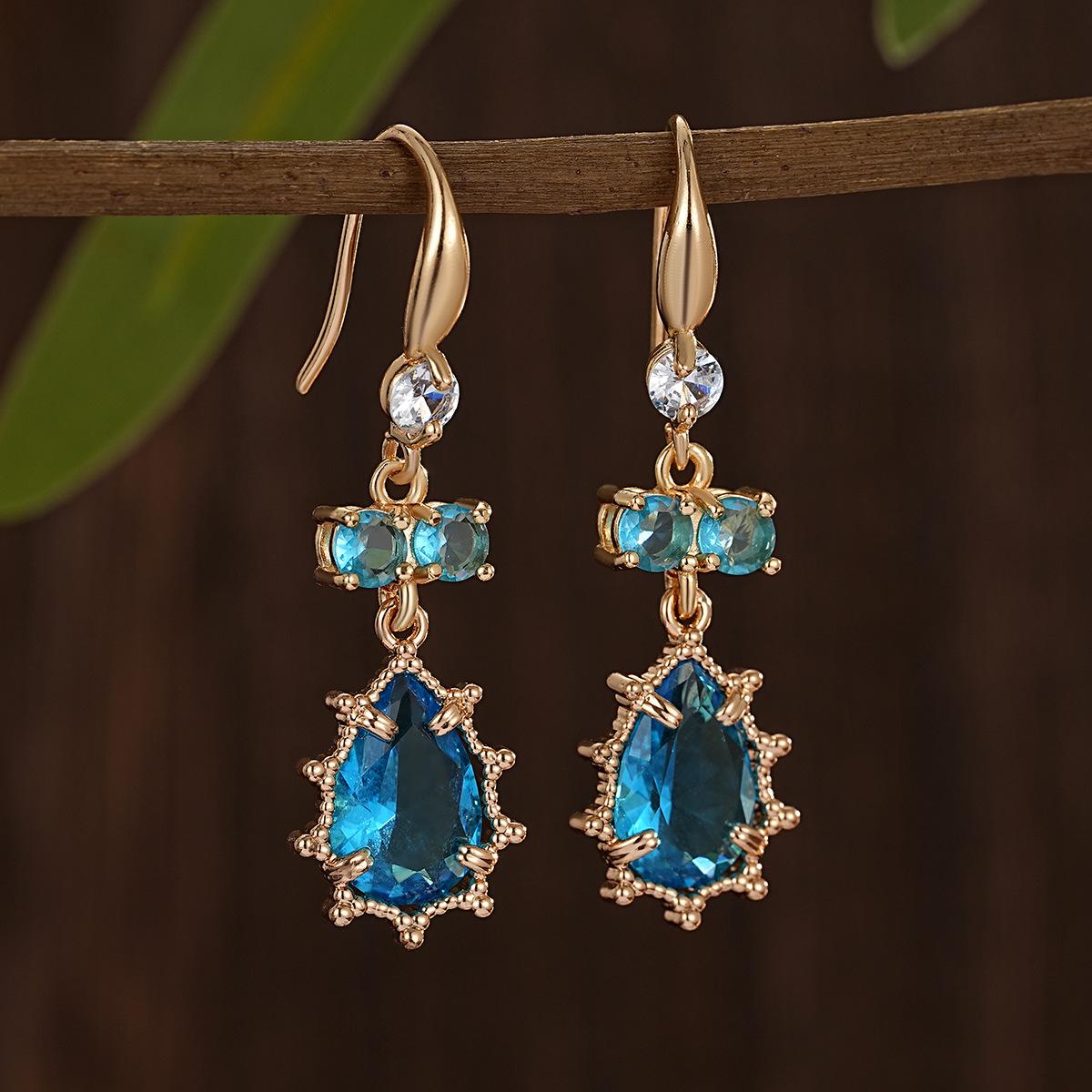 Новые Модные Металлические Геометрические Серьги с Фианитами в Форме Капли Воды для Женщин Винтажные Сине-Зеленые Длинные Серьги Вечеринка Подарки