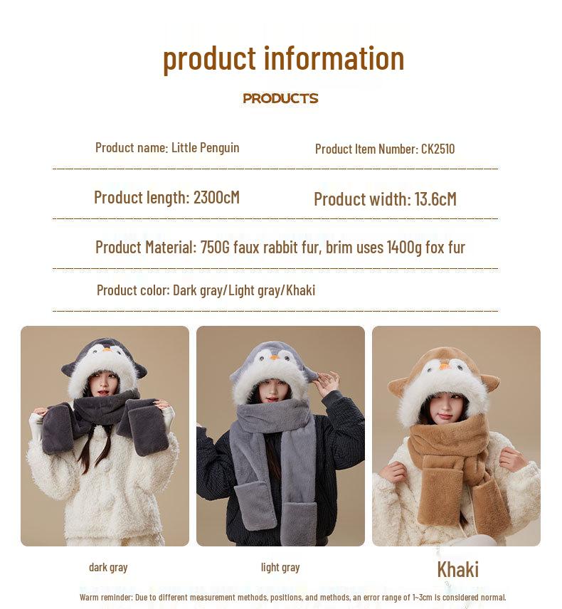 Penguin Ear Protection Hat, Scarf & Neck Warmer Women's 3-Piece Winter Set