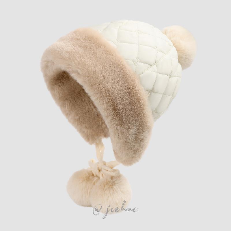 

24 New winter thickened cold-proof warm hat women s cute hairball knitted wool ear protection hat Northeast Lei Feng hat