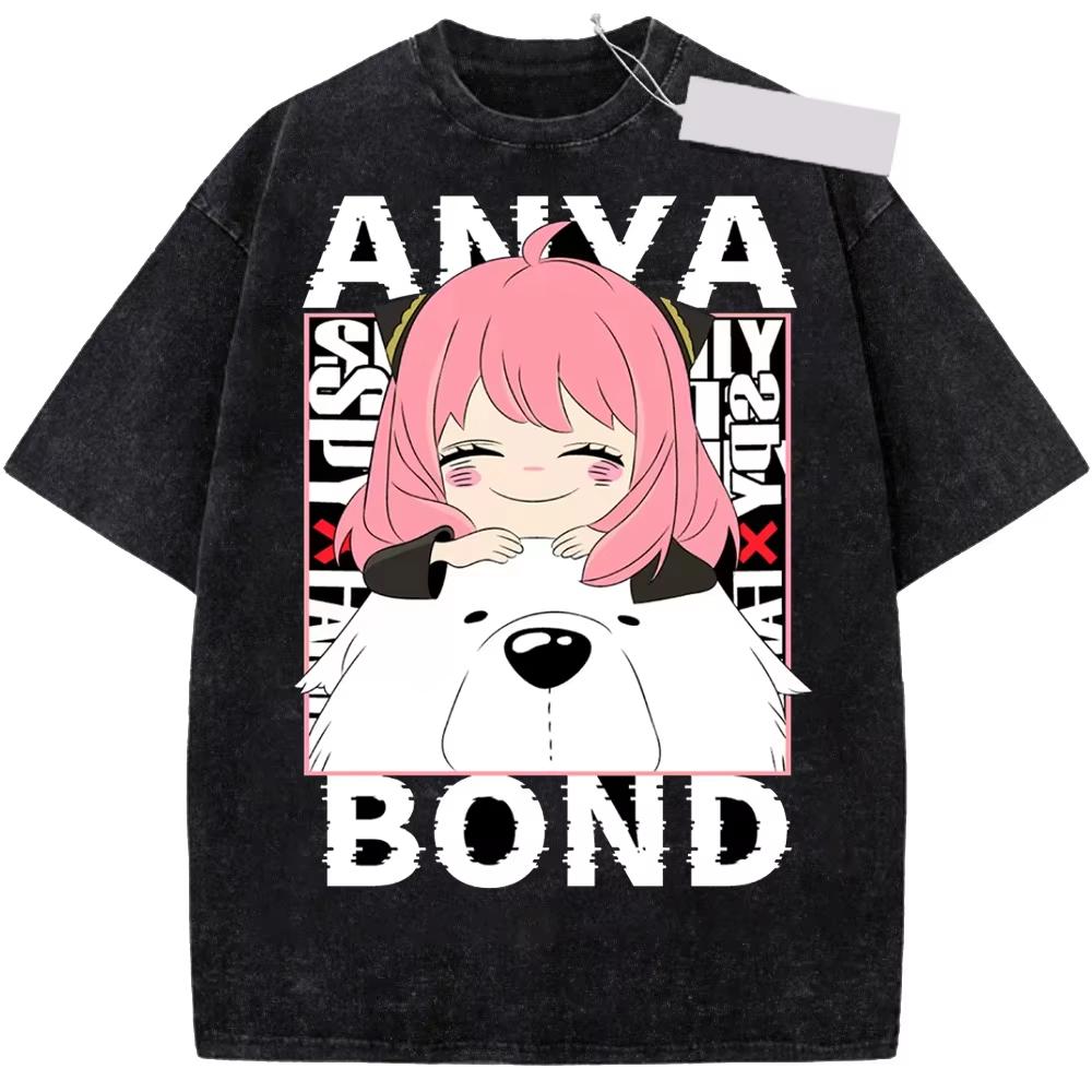 Japan Anime Spy X Family Anya Bond Graphic Print T-shirt Men Women Manga Vintage Washed O-neck Cotton Loose Casual Oversized Top Summer New Tee