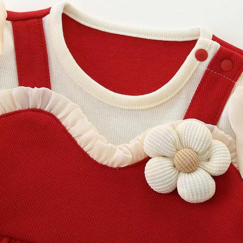 British Baby Spring and Autumn Outfit for Girls, Red Stylish Romper for Full Month and 100 Days Celebrations, Outdoor Jumpsuit for Princesses