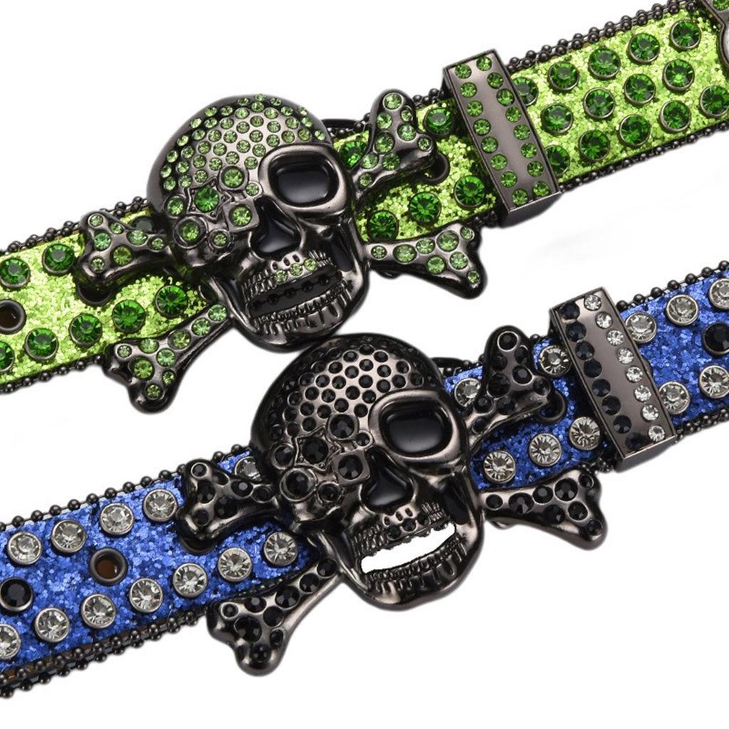 Adult Sequins Belt for Disco Party Waist Belt Rhinestones Skull Buckle Thin Waist Belt Street Cultures Enthusiasts Belt