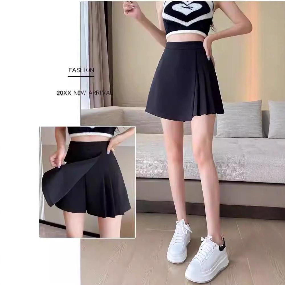 Women's Summer Grey Asymmetrical Pleated A-Line Short Skirt Petite High-Waisted Drapey Casual All-match Versatile Skirt-Trousers