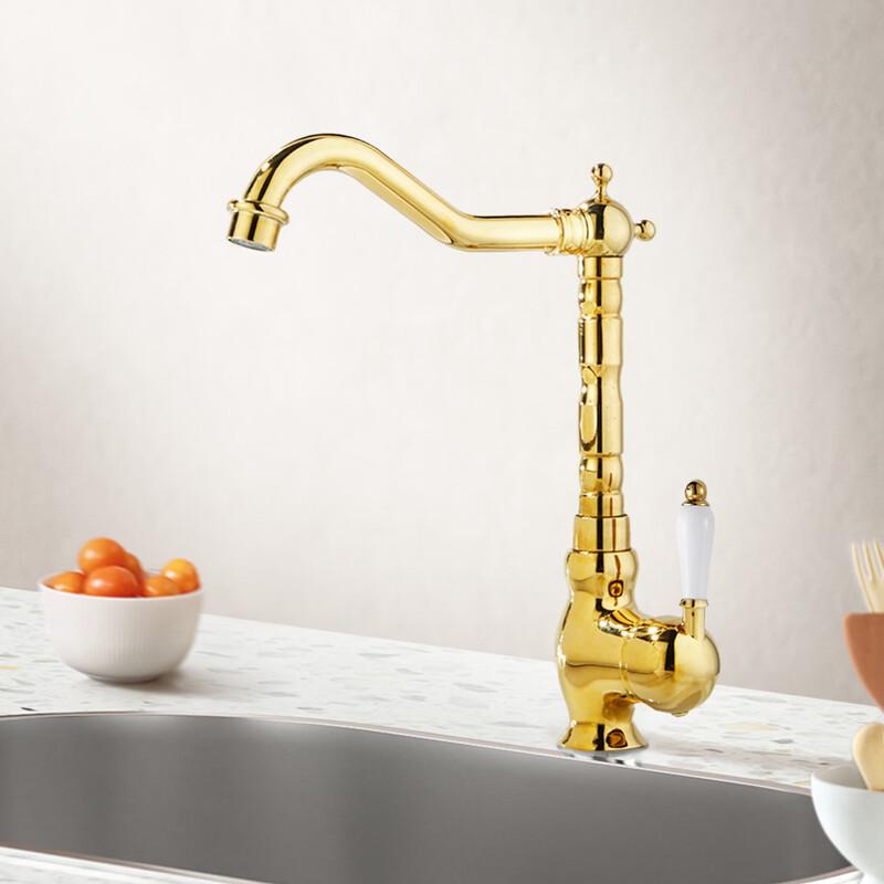 TLXT Titanium Gold White Ceramic Kitchen Sink Faucet