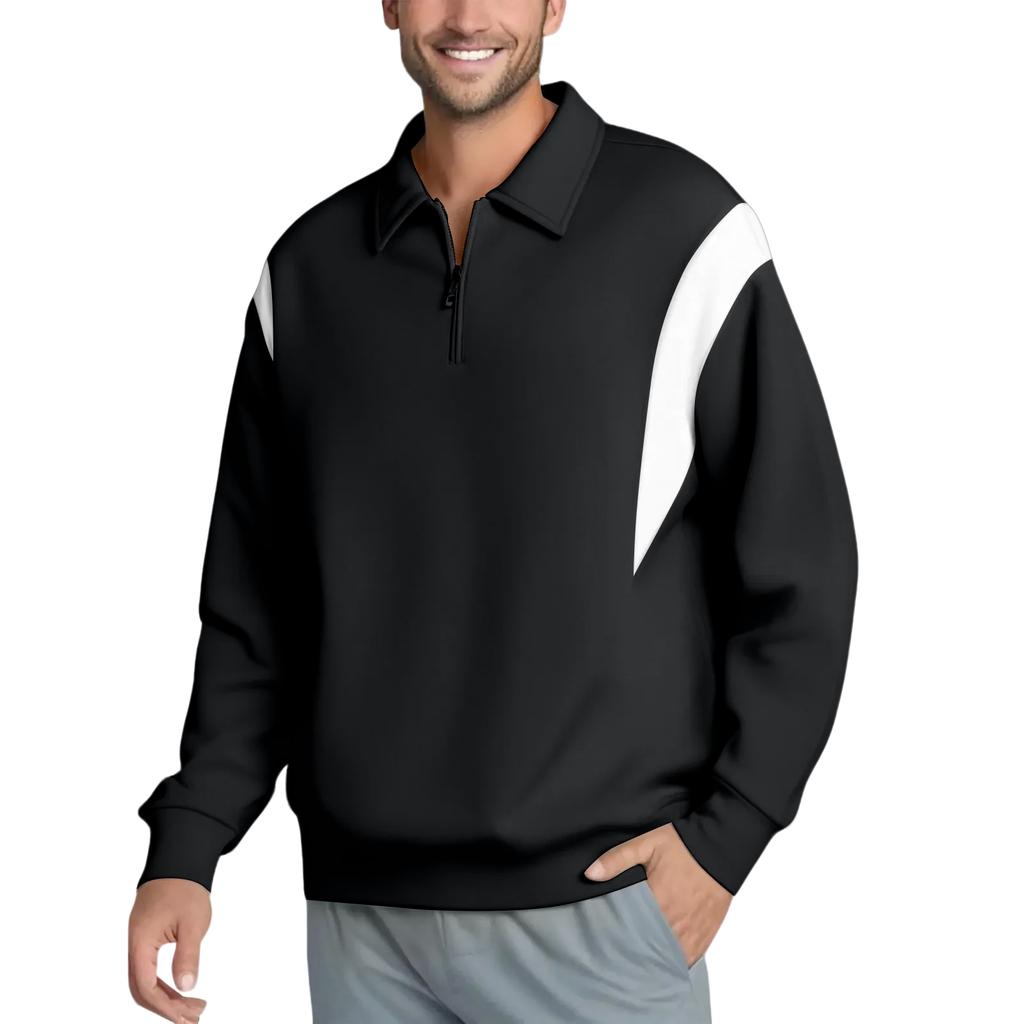 Men's Lapel Half Zipper Contrast Color Patchwork Casual Long Sleeve Pullover Sweatshirts Tops