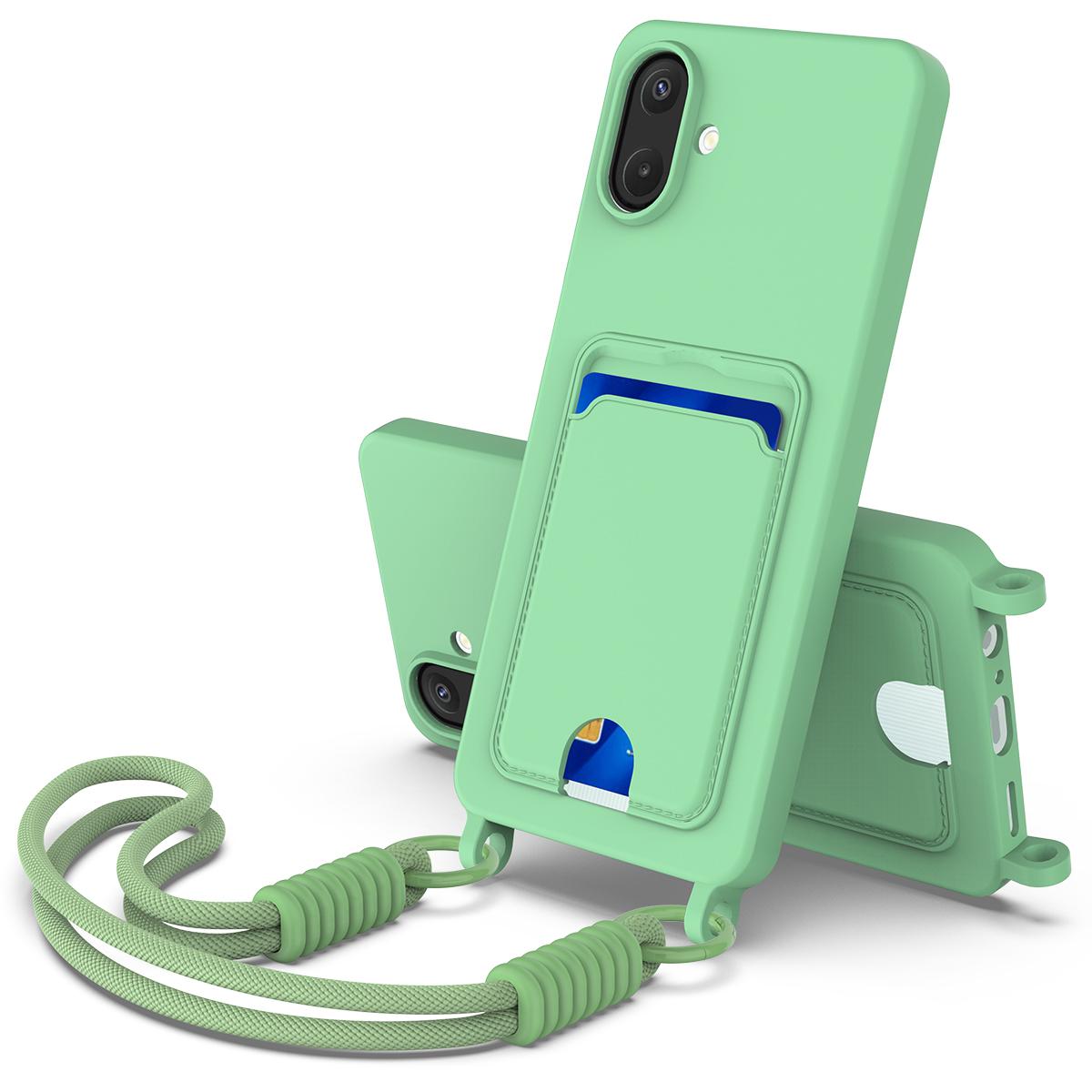 

For Samsung Galaxy A07 5G Case Liquid Silicone Card Holder Phone Back Cover with Short Strap Green