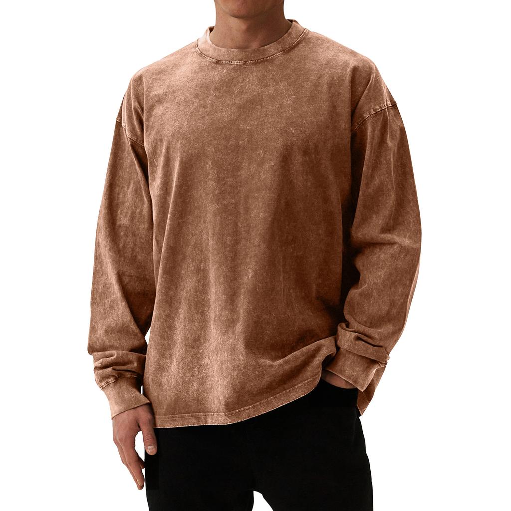 Men's Solid Color Washed Long Sleeve Round Neck Tops Men's Casual Fashion Tops