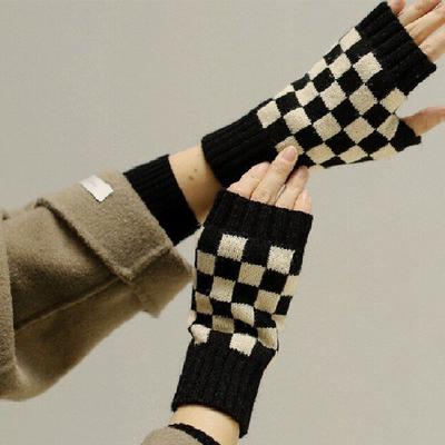 Warm Gloves Knitted Half-finger Plaid Cold-proof Gloves for Women Winter
