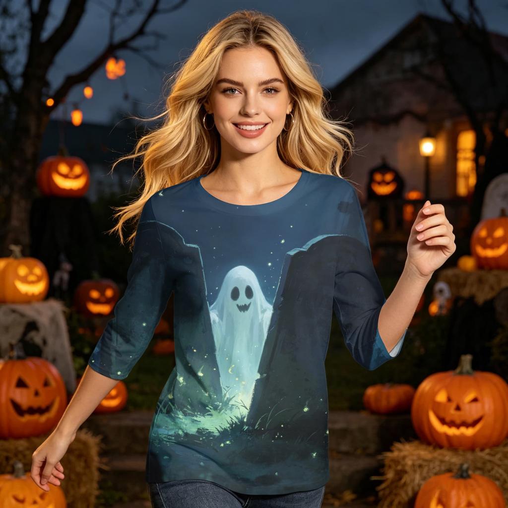 Women's Casual Halloween Graphic Top Three Quarter Sleeve Round Neck Shirt Lightweight Soft Fabric Comfortable Fit