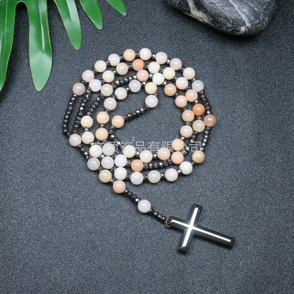 Collier pendentif croix en pierre naturelle, Croix en pierre d'œil de tigre et fer à bille chapelet collier pour homme
