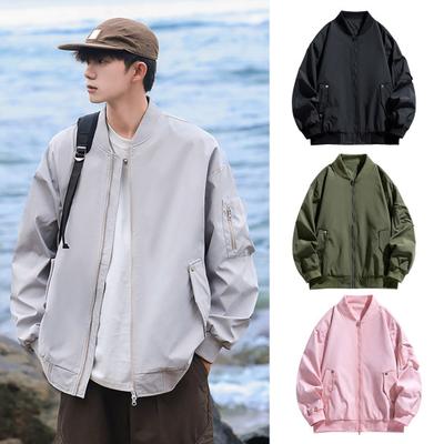 Jaqueta de beisebol masculina com zíper completo, leve, cor sólida, dois bolsos laterais, casual para atividades ao ar livre