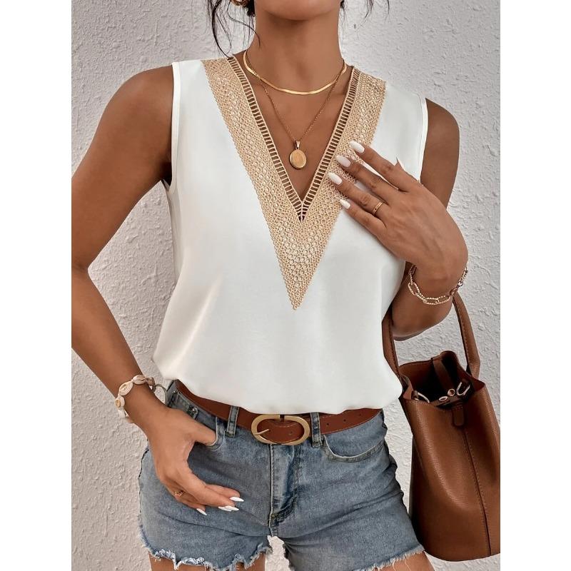 Women's Lace Patchwork Top Satin Shirt, Spring and Summer Loose Sleeveless Blouses & Shirts