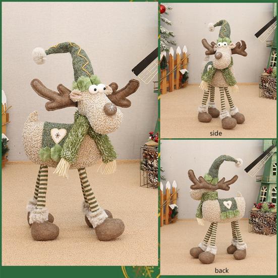 Christmas Reindeer Plush Toy with Retractable Legs Handmade Long-Legged Cartoon Elk Plush Doll Xmas Holiday Party Decoration Ornament