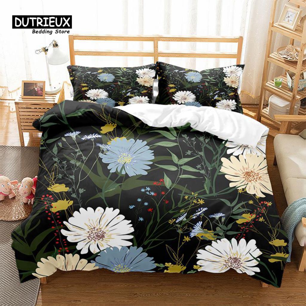 Floral Bedding Set Botanical Duvet Cover Queen Soft Boho Rose Flowers Leaves Print Comforter Cover For Kids Teens Adults Decor