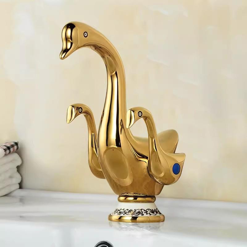 Dual Handles Gold Chrome Swan Duck Bathroom Basin Sink Mixer Taps Deck Mounted Dolphin Gem Bathroom Widespread Faucet Taps