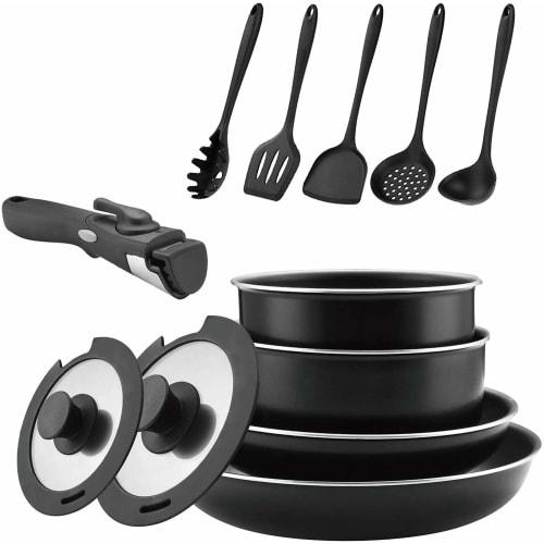Abizoe 12-Piece Frying Pan and Pot Set, Diamond-Coated Black, Storage, Gas/IH Compatible, Removable Handles, 18-26cm (Black)