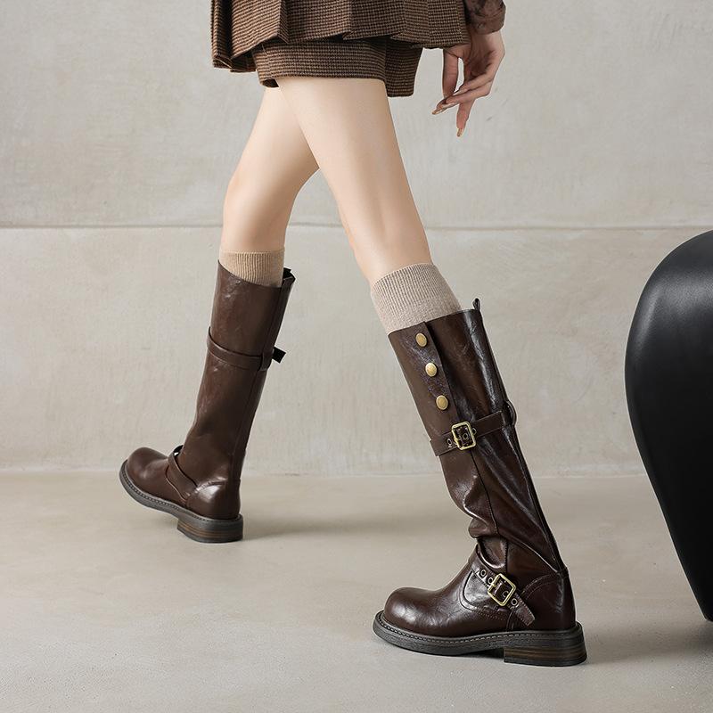 Herbst- und Winter-Dicksohlen-Rutschfeste Damen-Komfort-Lederstiefel mit niedrigem Absatz, Übergröße, Damenstiefel mit Blockabsatz und runder Spitze, kn