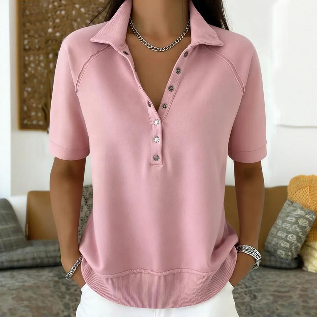 Women’s Loose Fit Vintage Style Short Sleeve Shirt with Turn Down Collar and Six Button Front Casual Literary Design