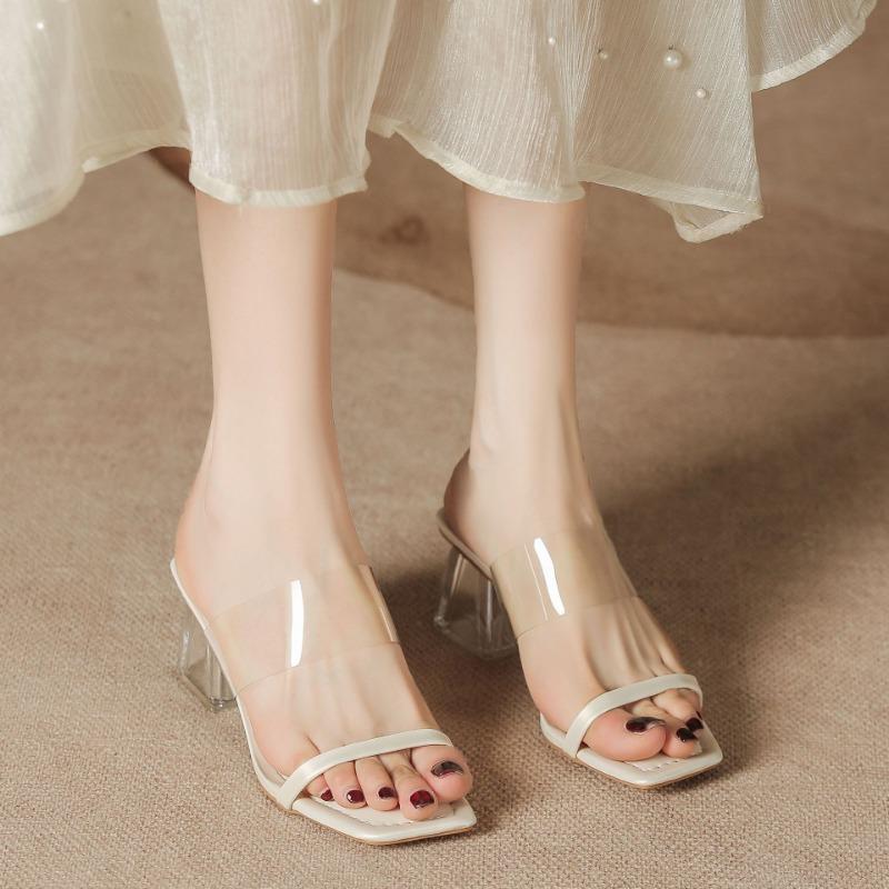H368-2 silver one-word high-heeled slippers transparent crystal and summer sandals solid color shoes women