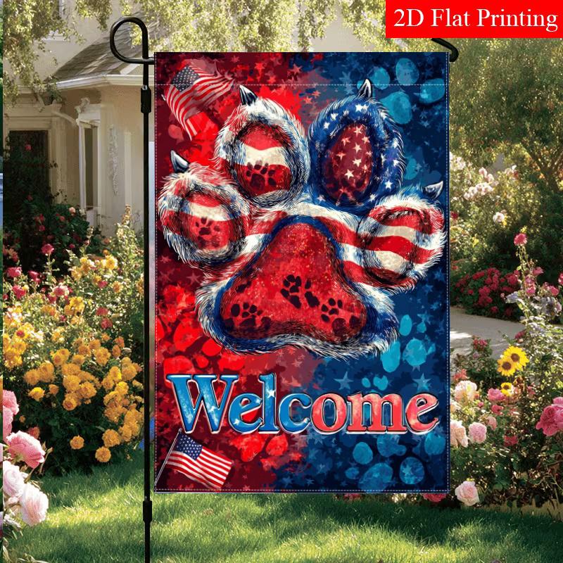 2D Flat, 2D Flat Patriotic Dog Paw Print Welcome Garden Flag_2-28x40 Inch Outdoor Garden Flag Double-sided Home Decoration Courtyard Decoration Outdoo