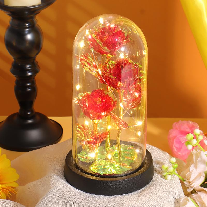 Luminous LED Rose Glass Dome Ornament with Three Flowers - Valentine's Day Bestseller Gift