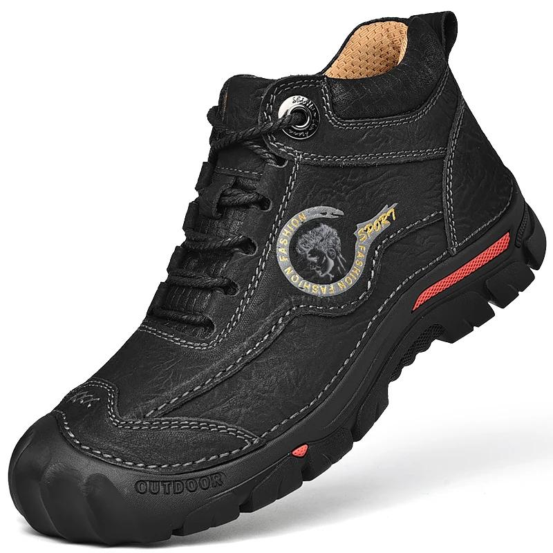 Fashion Winter Outdoor Warm Plush Men's Mountaineering Boots Soft Sole Comfortable Hiking Shoes Ankle Boot Genuine Leather Snow Boots