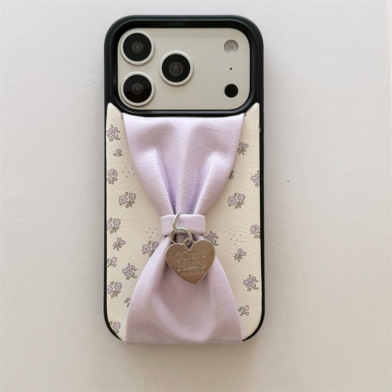 

Kawaii Floral Bow Phone Case For iPhone 17 Pro 16 15 14 Pro Max with Heart Pendant Leather Shockproof 16 17 15pro Protective Cov For iPhone 14