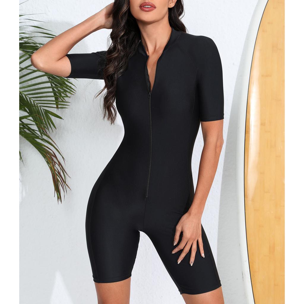 Damen Sportliche Bademode Kurzarm Rashguard Colorblock Gepolstert Frontreißverschluss Surfen Badeanzug Shorts Badeanzug