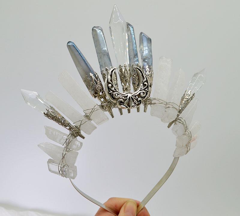 Retro Silver Moon Crystal Glass Crown Headband