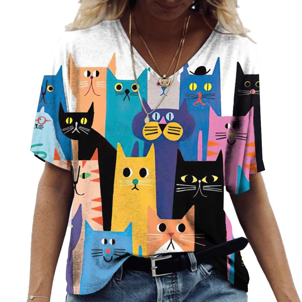Summer Women's Clothing Cute V-Neck Short Sleeve Tshirt Plus Size T Shirt Clothing 3d Animals Printing Tops Casual Pullover Tee