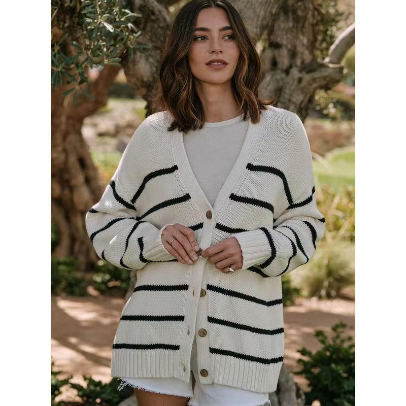 European and American New Fashion Casual Loose Striped Knitted Cardigan sweater Cardigan Knitted Sweater