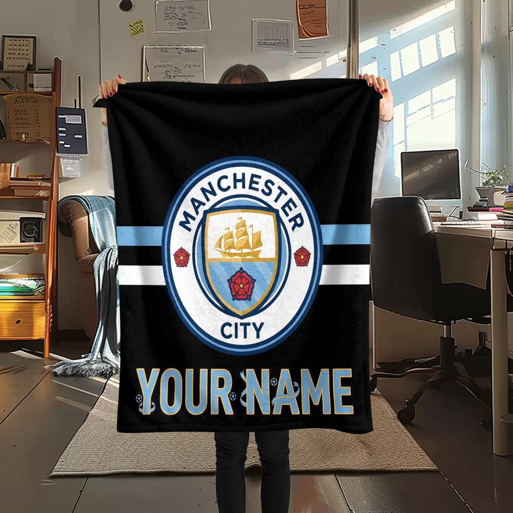 Custom Name Manchester City2 Flannel Blanket, High Quality Comfortable for All Seasons, Home Decor, Warmth and Comfort