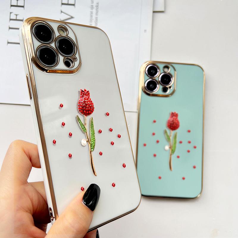 6D Plating Luxury Crystal Rose Case for iPhone 14 13 11 Pro Max 12 Samsung Galaxy S22 Ultra S21 A12 S20 A52S Infinix Tecno Soft TPU Phone Cover