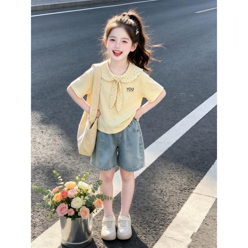 Girls Summer Preppy Peter Pan Collar Short Sleeve T Shirt Cute Top For Big Kids 110