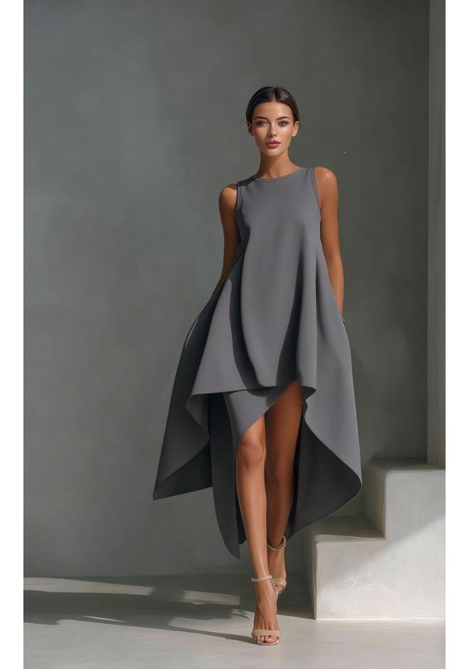 Elegant European & American Style Sleeveless Dress with Round Neck and Irregular Hem.