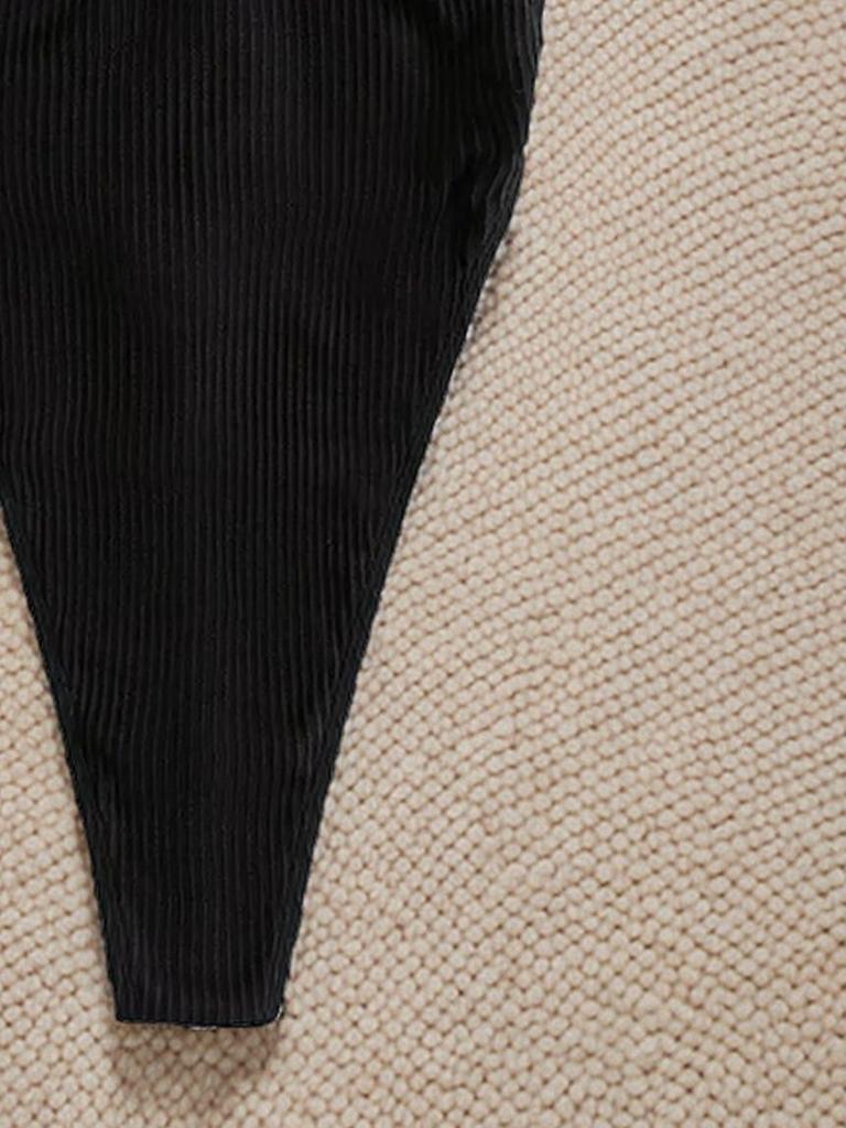 2025 European & American Solid Color Crinkle Deep V Backless High Waist Bikini Swimsuit