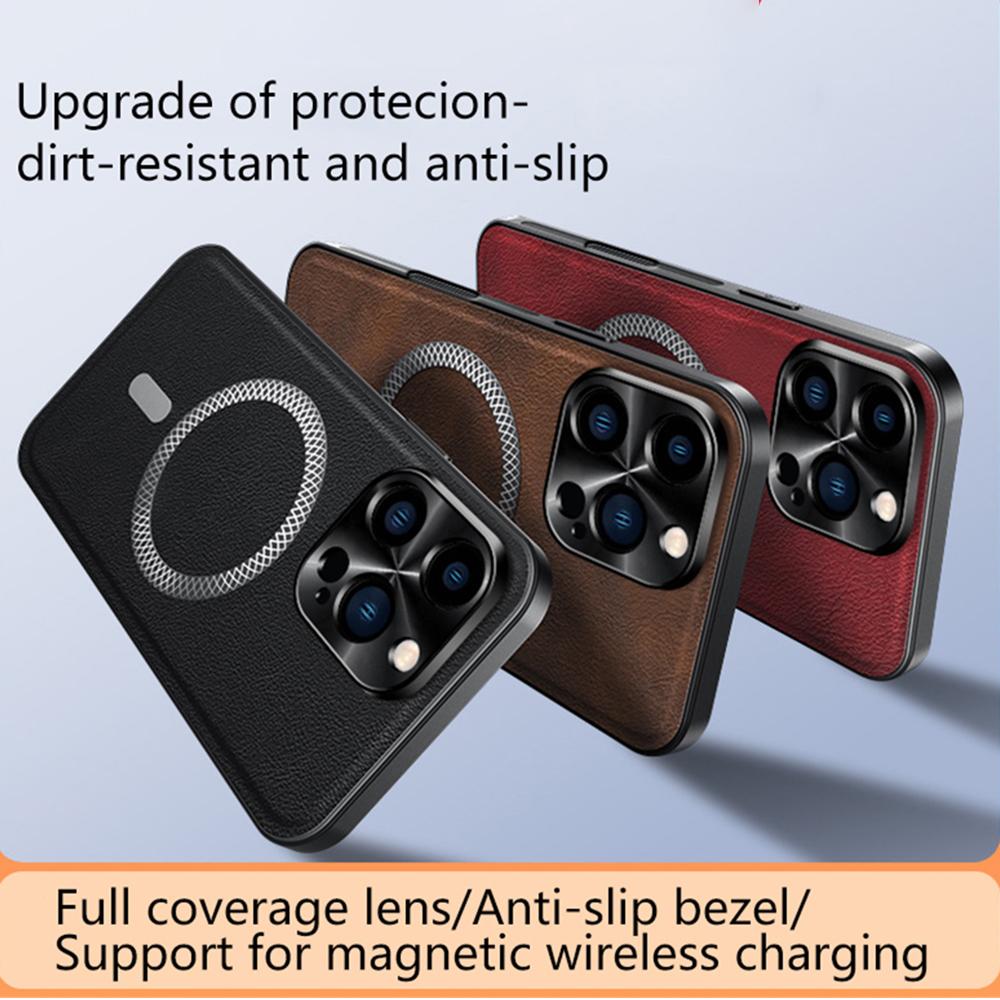 For iPhone 16 Pro Max Case Compatible with MagSafe PU TPU PC Phone Back Cover with Metal Lens Frame