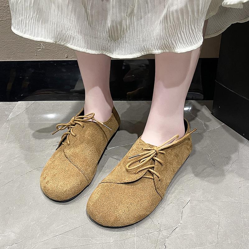 Suede Flat Single Shoes Autumn New Round Toe Deep Mouth Front Lace-Up Soft Sole Non-Slip Wear-Resistant Plus Size Low Top Shoes