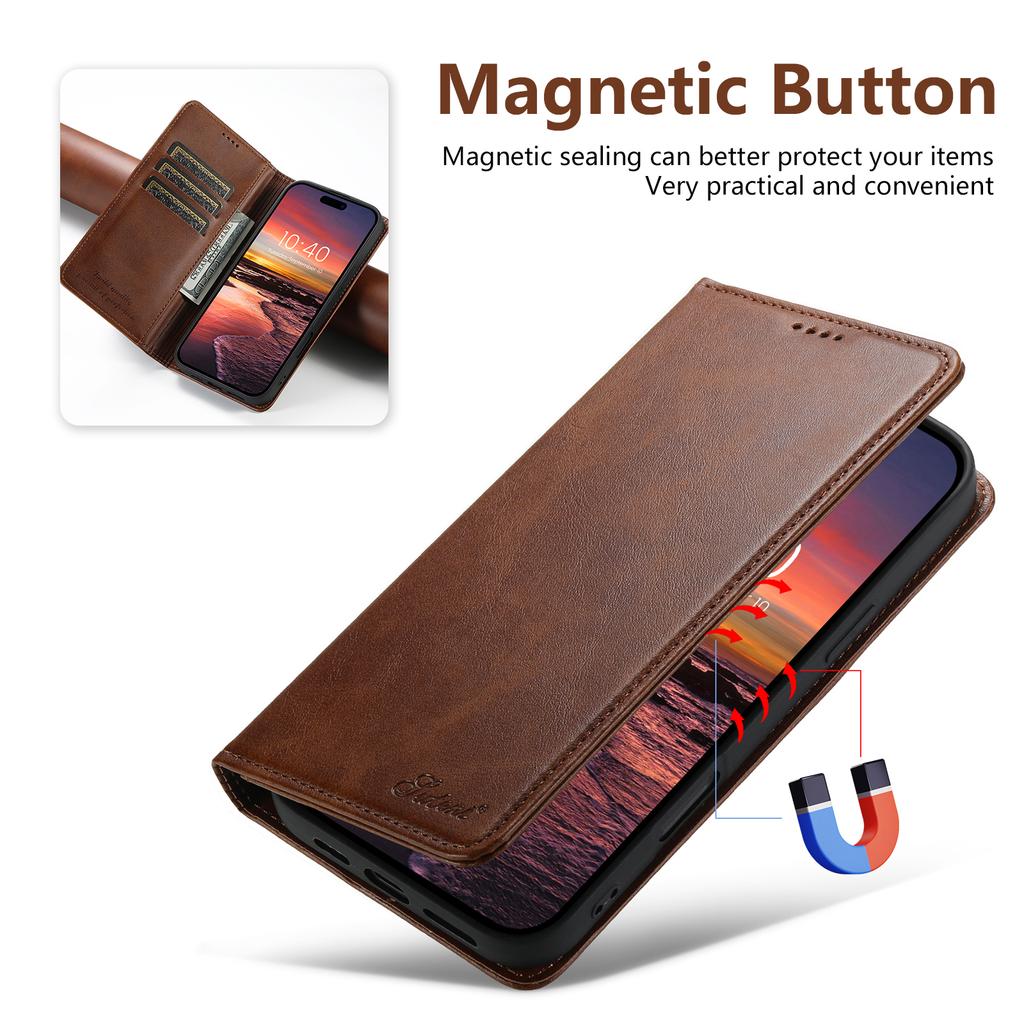 Plain Leather Card Holder Case for iPhone 18 Pro Max 17 Air 17E 16E 16 Pro 15 14 13 12 Mini 11 Magnetic Button Wallet Flip Cover