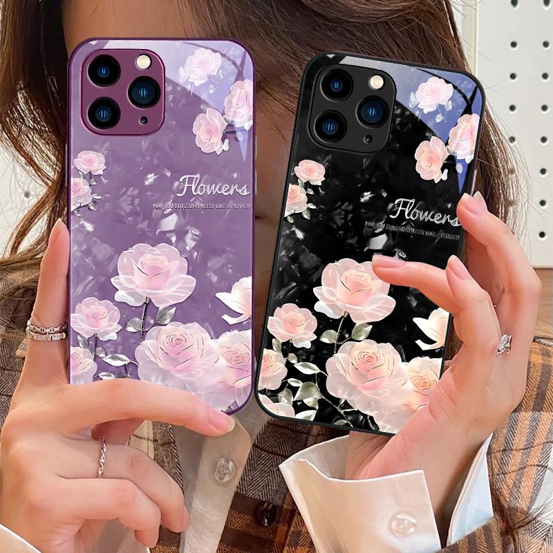 Rose Pink Flower Cluster For IPhone 16 Pro Max 15 Pro 14 13 12 Mini 11 XS Max XR 7 8 Plu SE 2022 Tempered Glass Phone Case