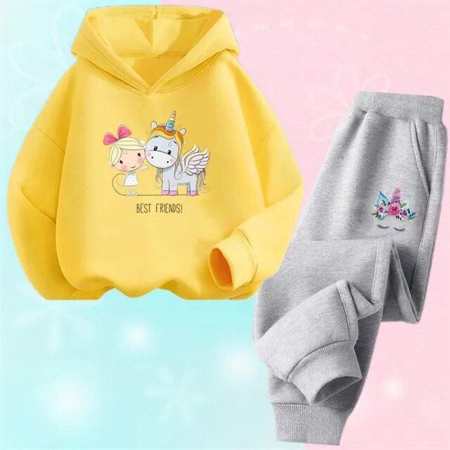 Cartoon Einhorn Pony Kapuzen Baumwollanzug für Mädchen Hoodies und Hosen zweiteilige Outfits Frühling Herbst Sportkleidung 3-14 Jahre